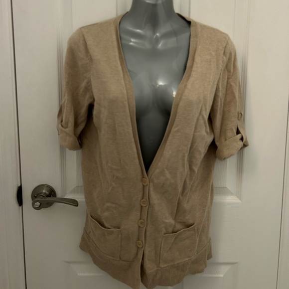 Women's Tan Cardigan, Short Sleeve Sweater, Sz L - Picture 1 of 9